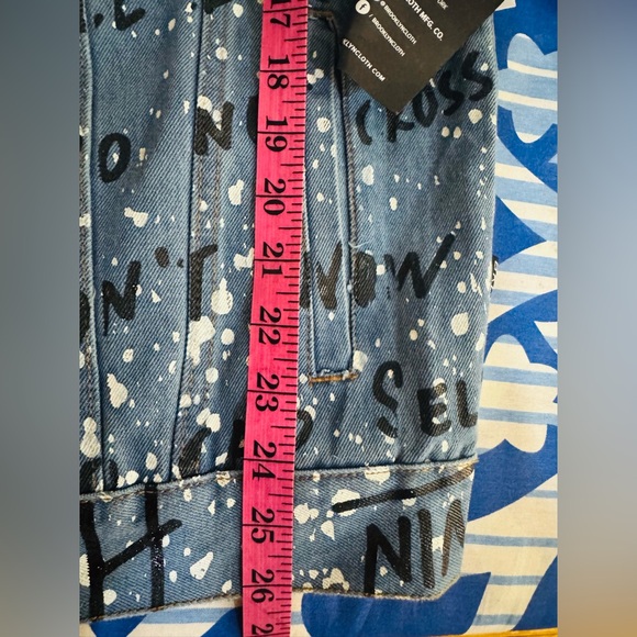 Brooklyn Cloth Blue Denim Jacket Black Graffiti Style text&white paint splatter - Picture 11 of 11